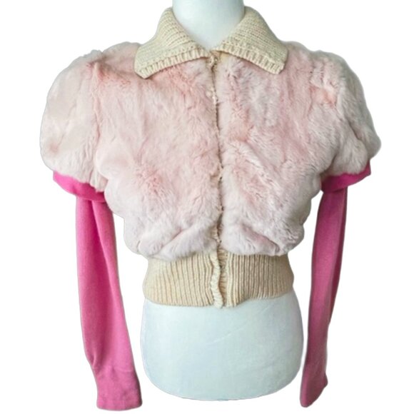 NWT IISLI Y2K Pink Rabbit Fur Cropped Knit Sweater w. Swarovski Crystal Cuff - Picture 1 of 13